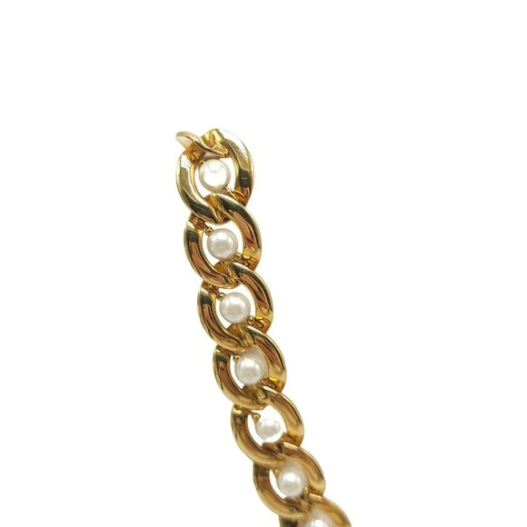 Napier Faux Pearl Chunky Chain Necklace Foldover Closure Gold Tone Vintage 16.5" - Picture 2 of 6